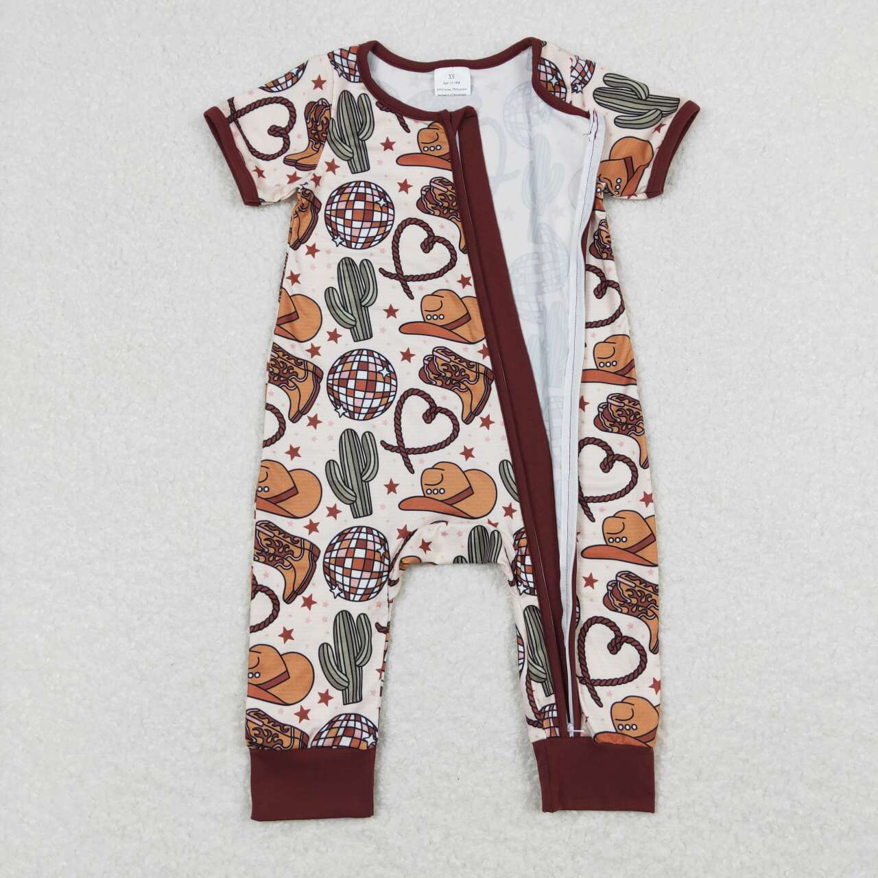 SR0973 Western Boot Hat Cactus Brown Short Sleeve Zipper Boys Romper