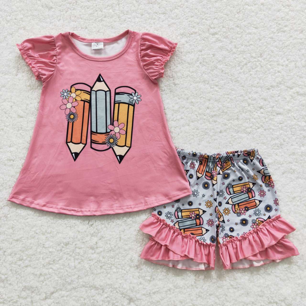 GSSO0356 Back To School Pen Pink Flutter Sleeves Flowers Shorts Girls Summer Set