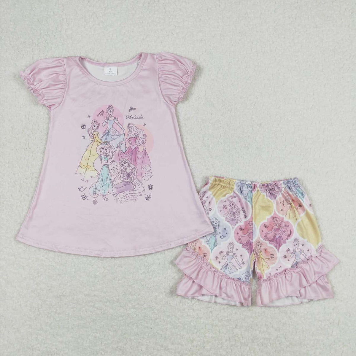 GSSO0821 cartoon princess pink short sleeve ruffles shorts girls set