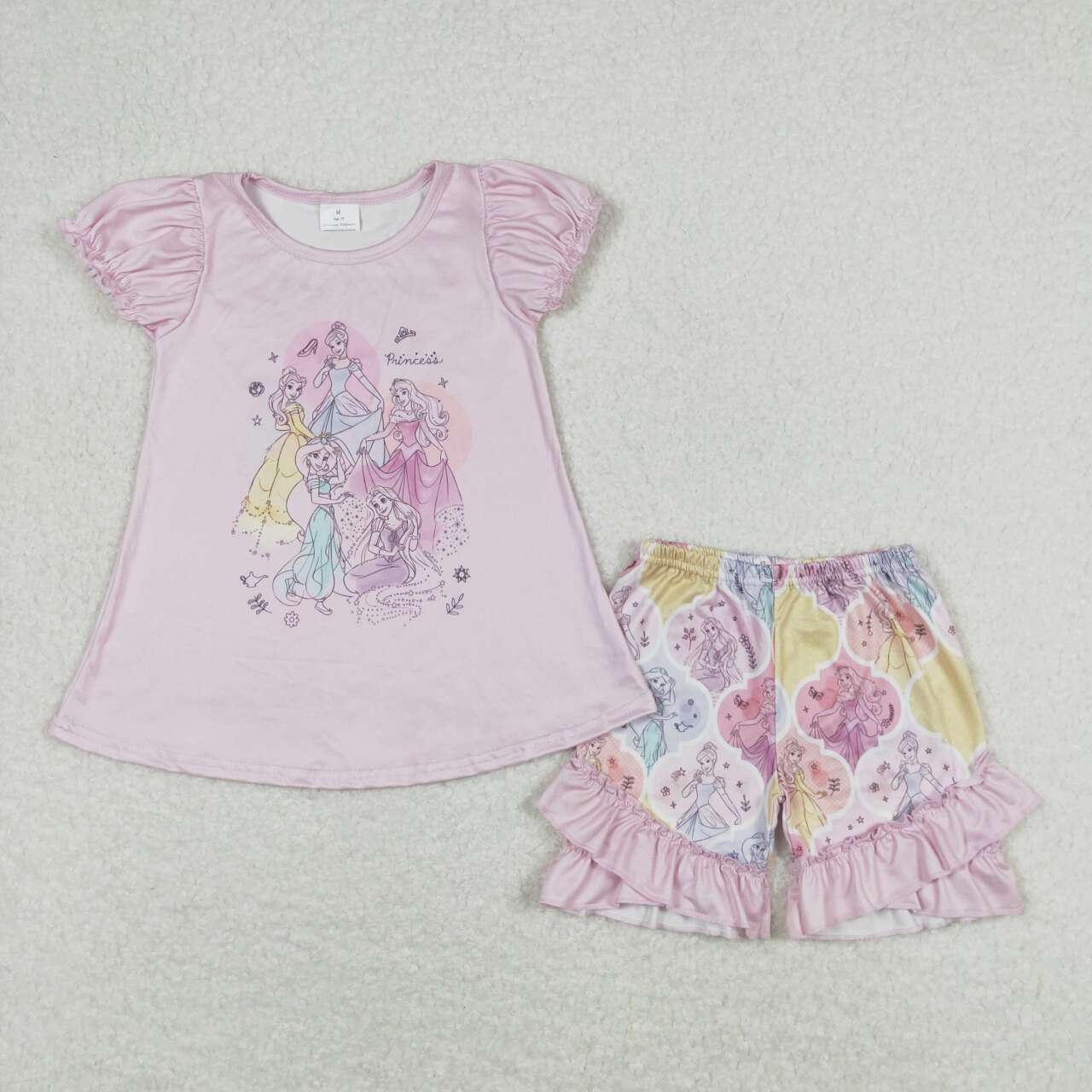 GSSO0821 cartoon princess pink short sleeve ruffles shorts girls set
