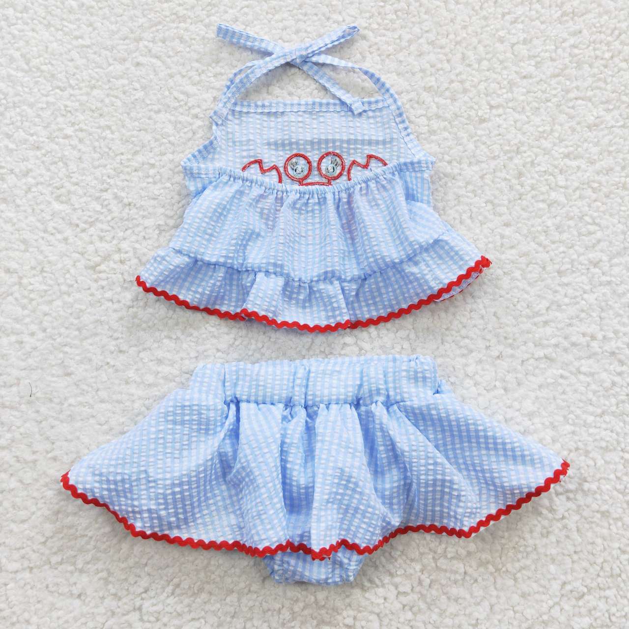 S0081 Crab Embroidery Blue Seersucker Baby Kids Set