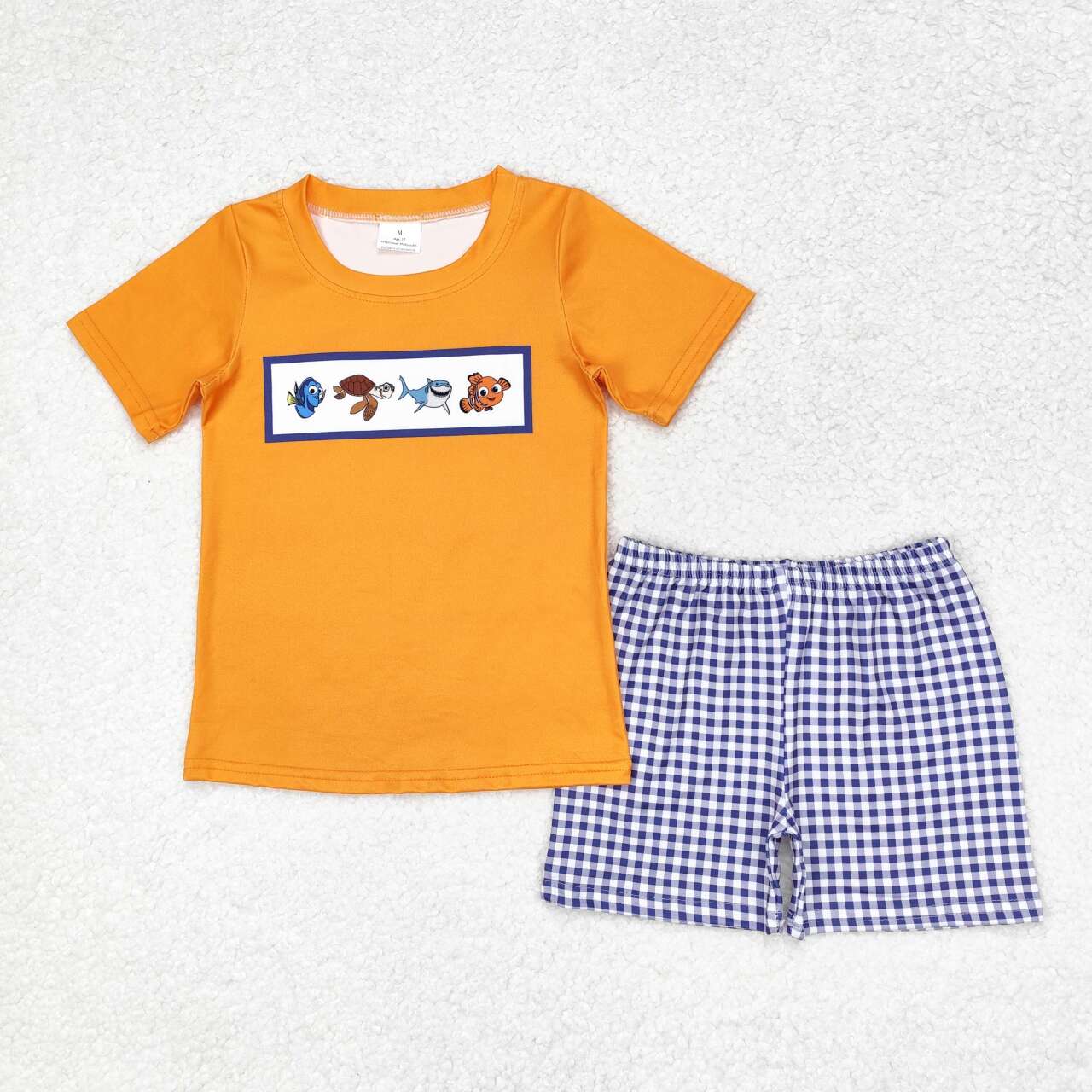 BSSO0964 fish shark tortoise orange short sleeve navy blue checkered shorts boys set