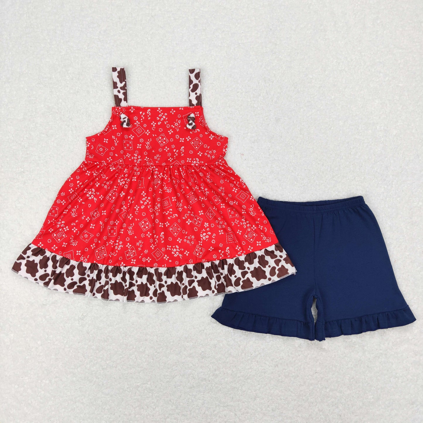 GSSO0464 Flowers Red Cow Print Sleeveless Blue Shorts Girls Set