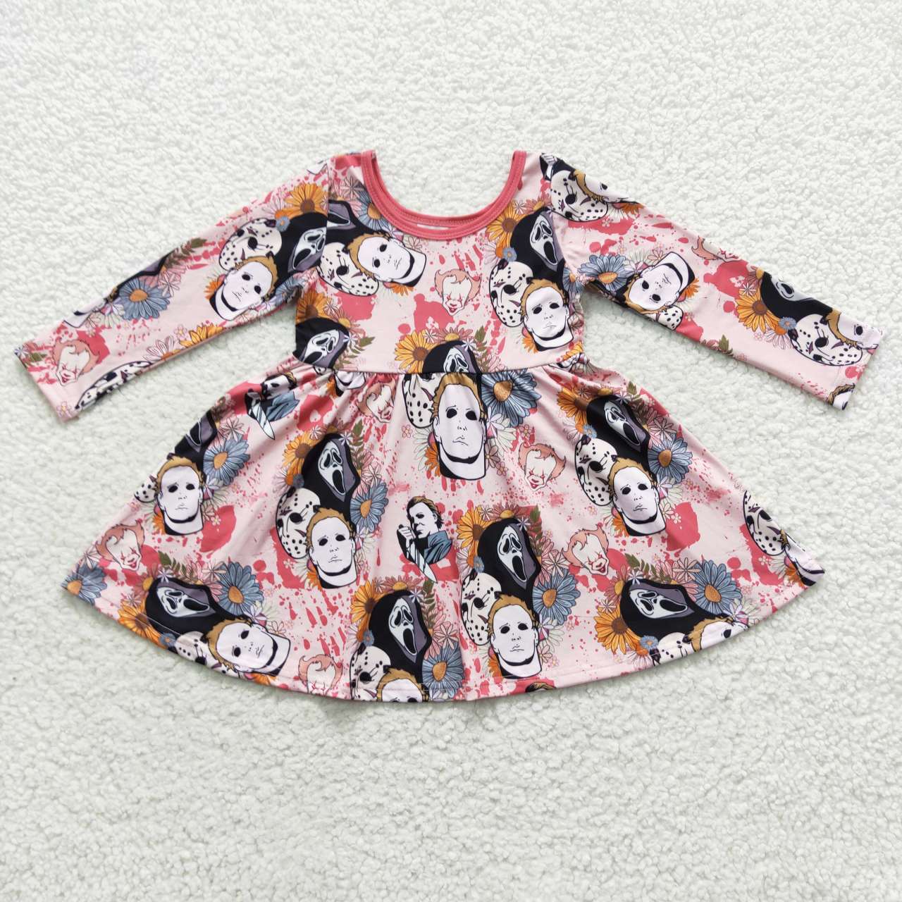 GLD0340 Halloween horror movie sunflowers long sleeve girls dress