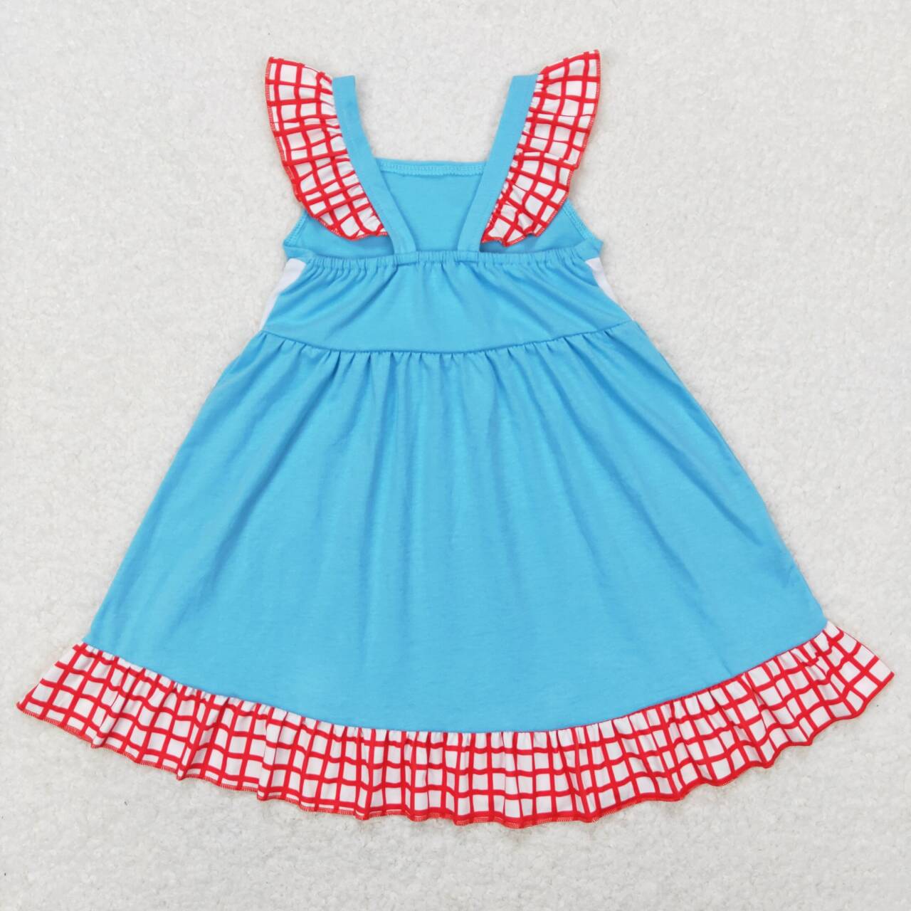 GSD0594 I love mom blue red checkered flutter sleeve girls dress