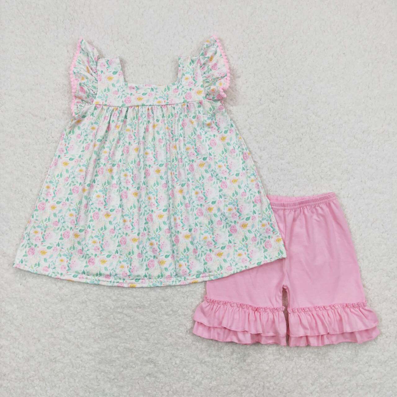GSSO0487 Flowers Flutter Sleeve Pink Shorts Girls Set