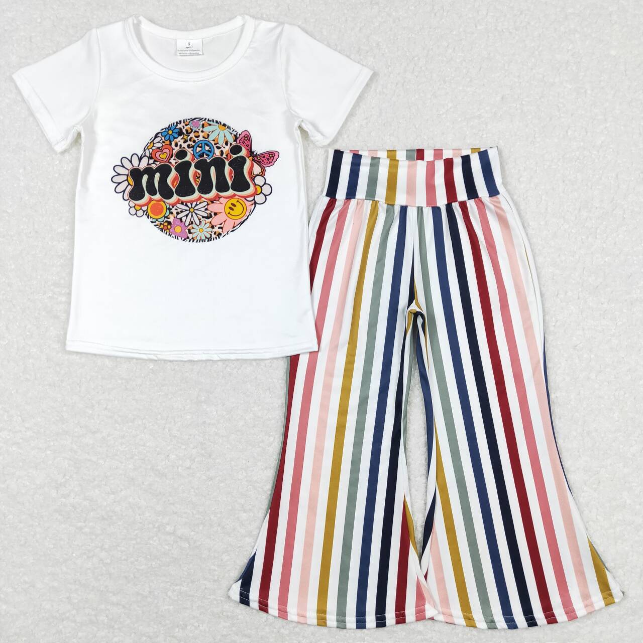 GSPO1114 Smile flowers mini short sleeve colorful striped pants girls set