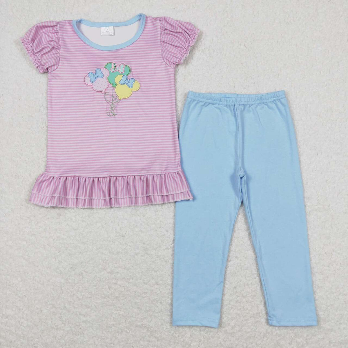 GSPO1104 embroidery Cartoon balloon pink striped short sleeve blue pants girls set
