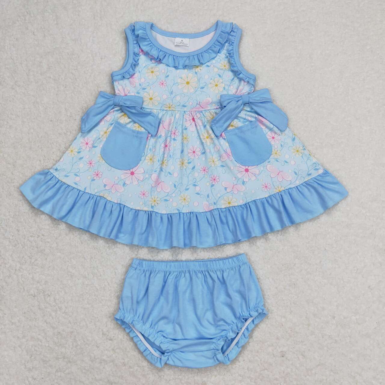 GBO0290 Colorful flowers pockets blue sleeveless girls bummies set