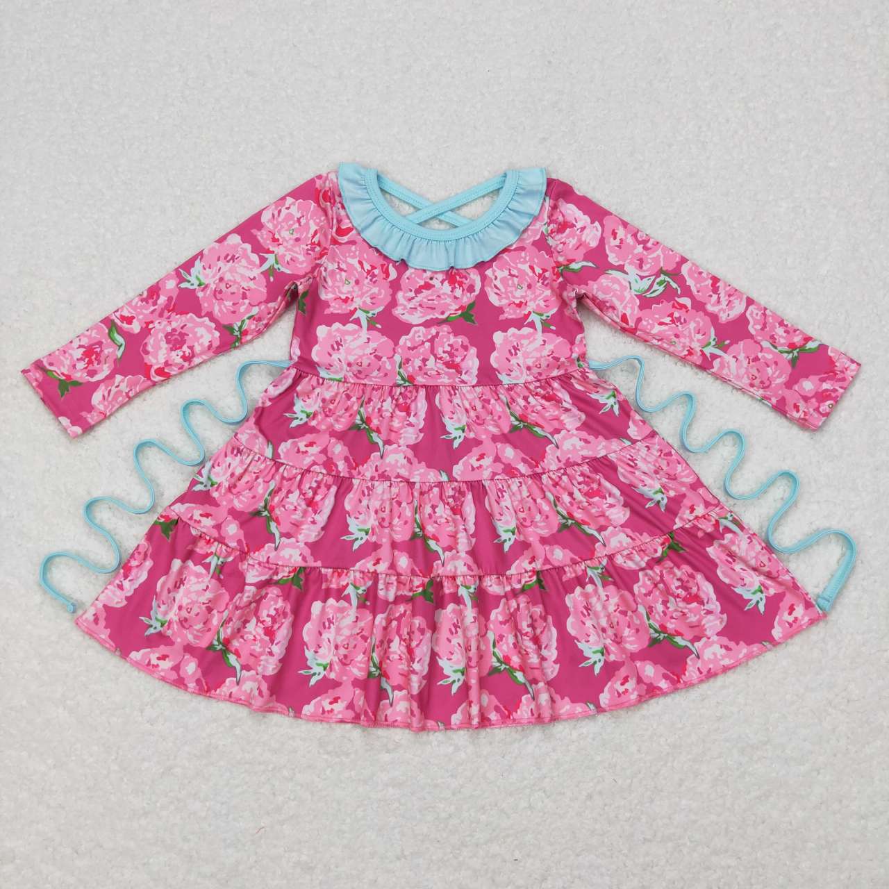 GLD0407 Pink flowers long sleeve girls dress
