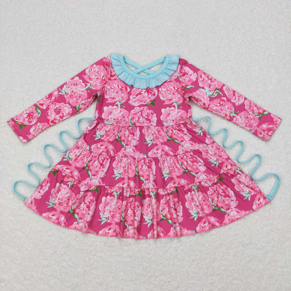 GLD0407 Pink flowers long sleeve girls dress