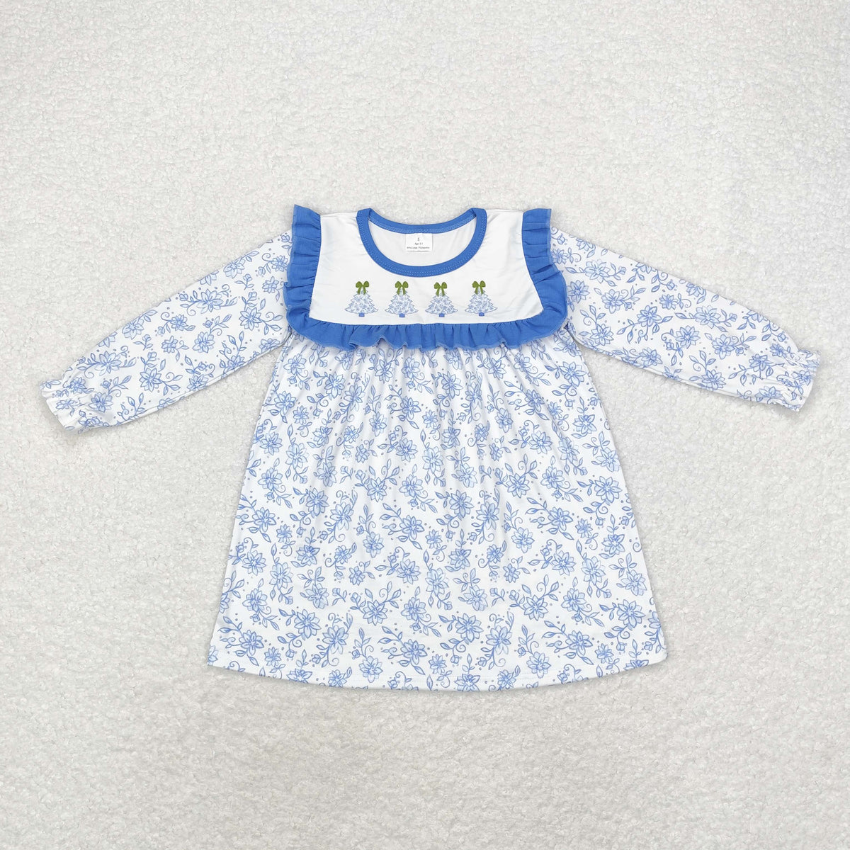GLD0673 Christmas tree blue flowers long sleeve girls dress