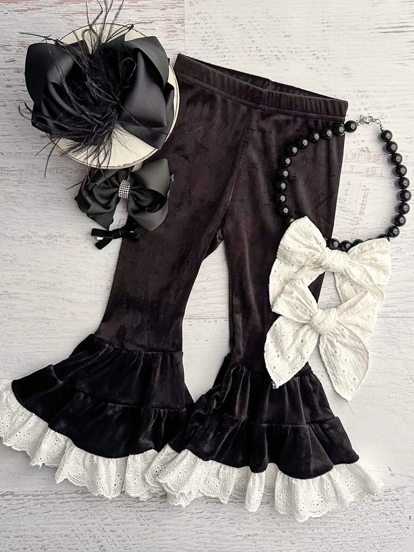 preorder P0720 black velvet ruffles lace girls pants