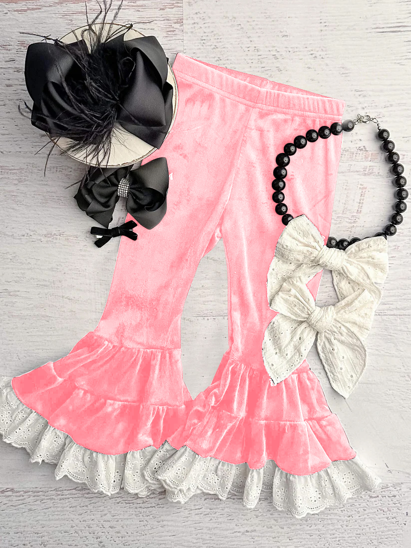 preorder P0721 pink velvet ruffles lace girls pants