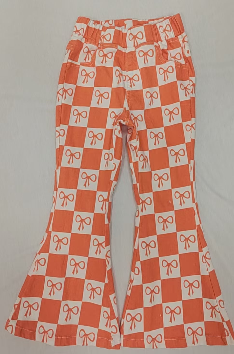 preorder P0733 orange bows checkered bell botton girls jeans