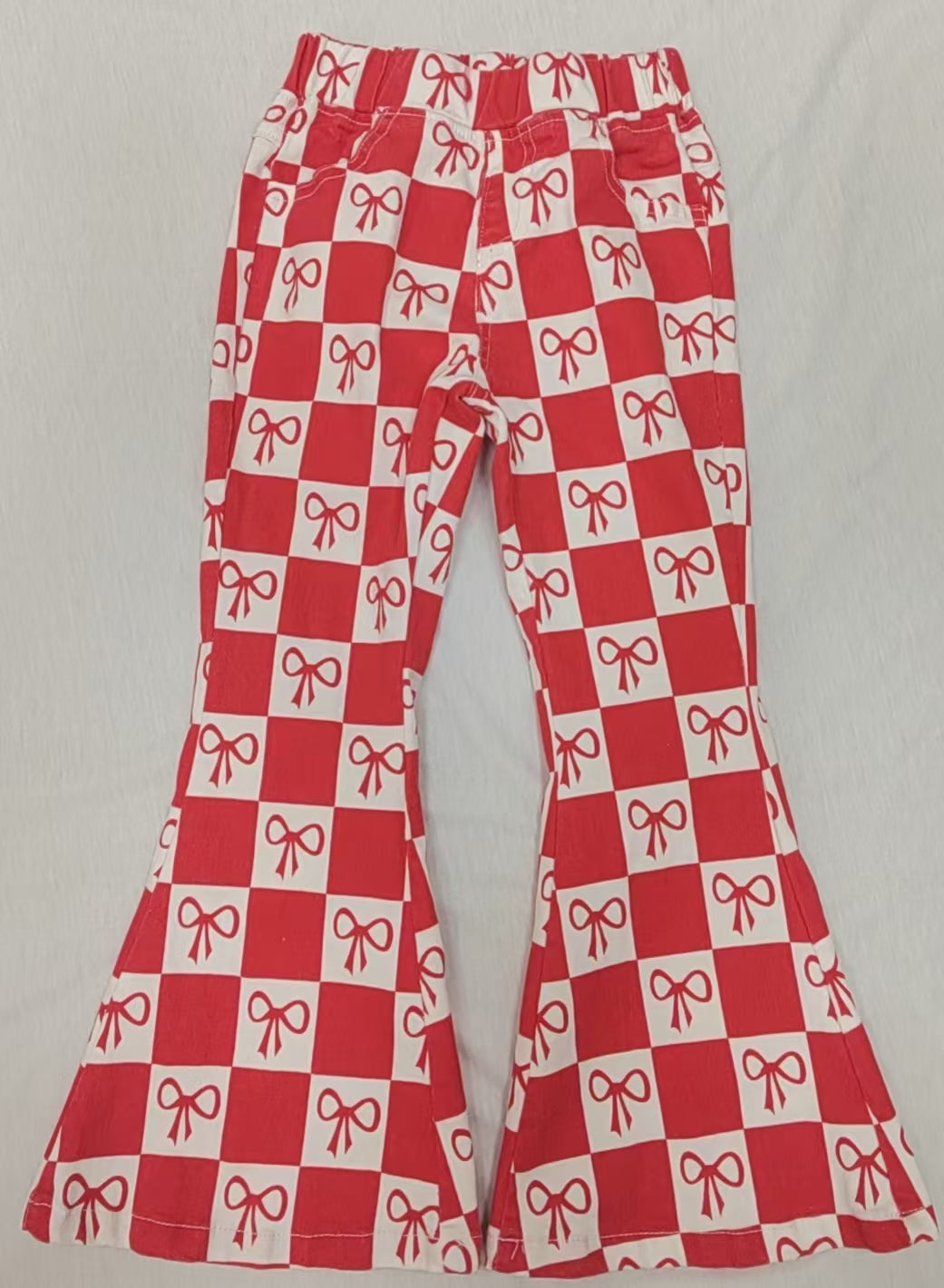 preorder P0734 red bows checkered bell botton girls jeans