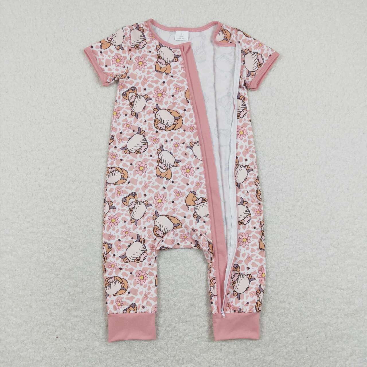 SR0924 Cute Highland Cow Flowers Pink Short Sleeve Zipper Girls Romper