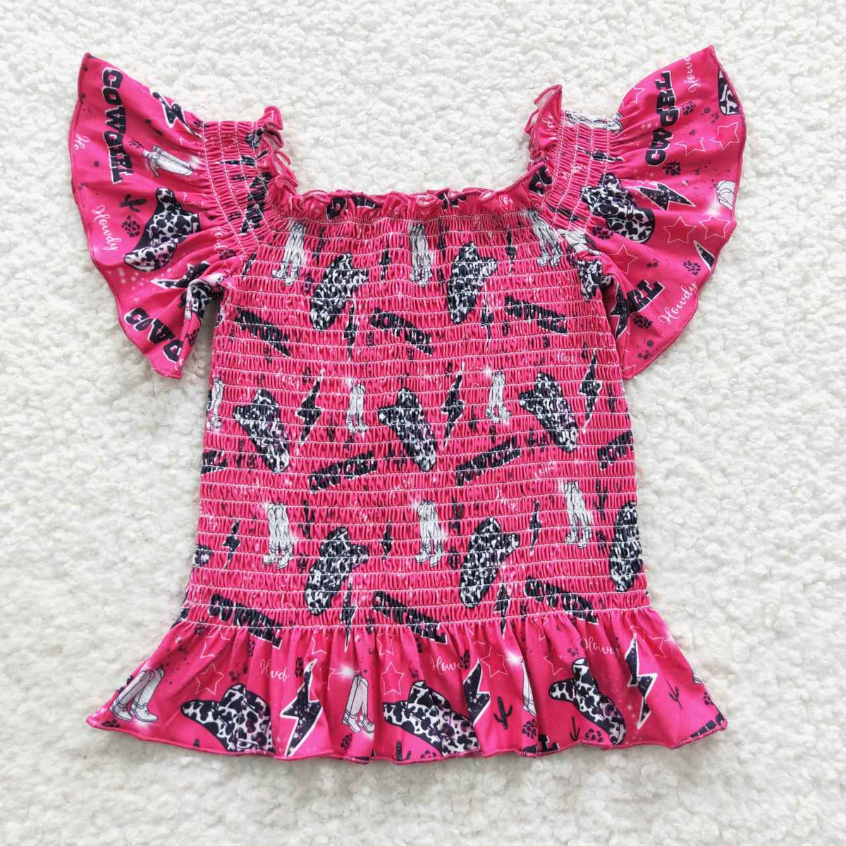 GT0181 Smock cowgirl hot pink off shoulder girls top kids clothes