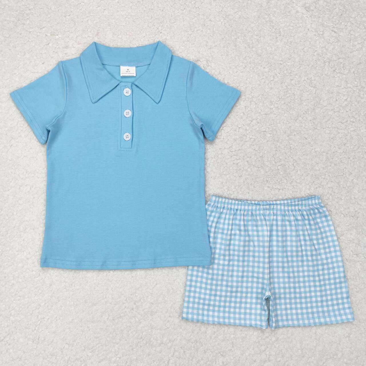 BSSO0954 sky blue short sleeve top sky blue checkered shorts boys set