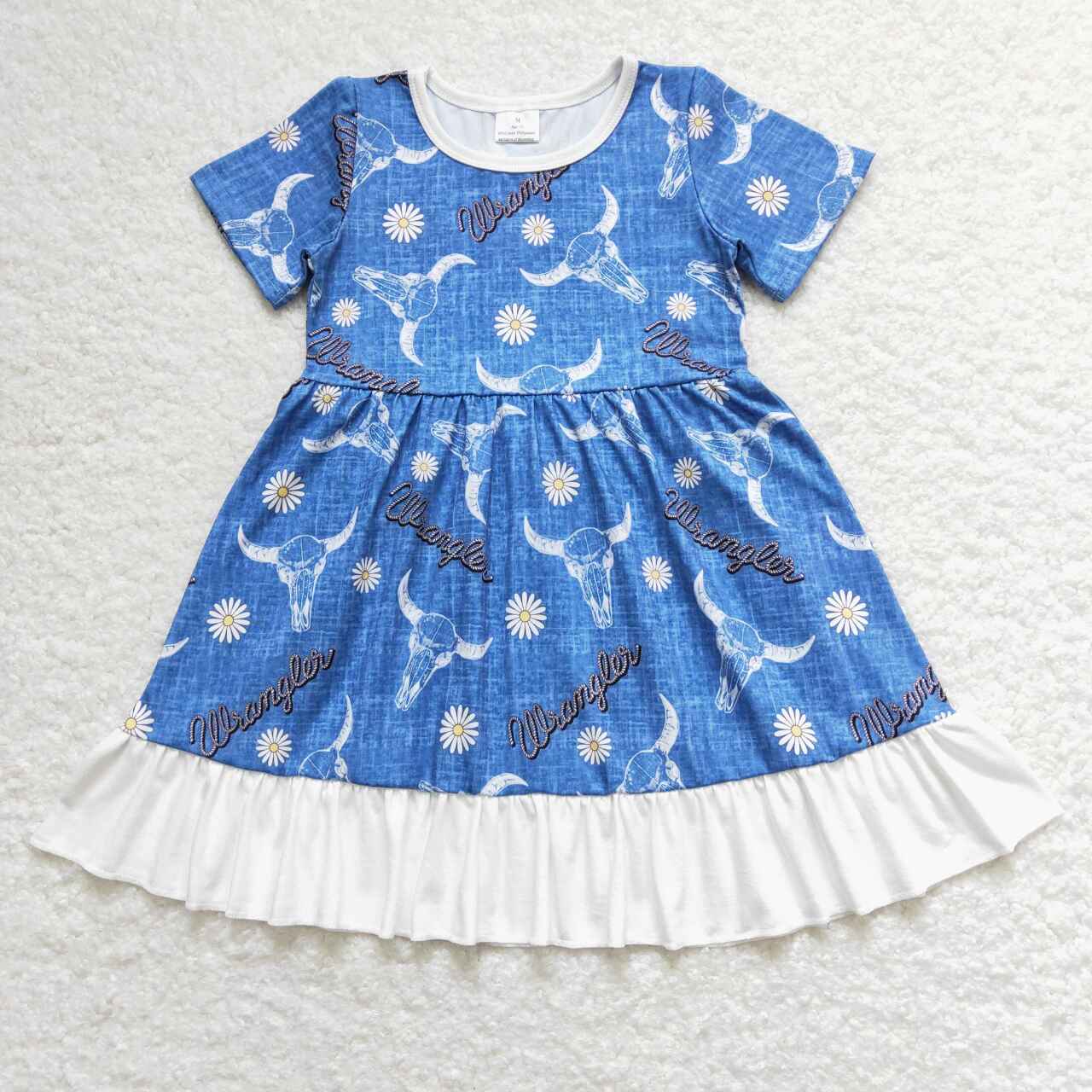 GSD0756 Cow Daisy Blue Short Sleeve Girls Dress