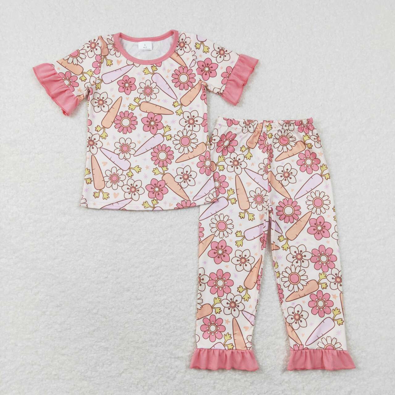GSPO1017 Flowers carrot pink short sleeve pants girls set