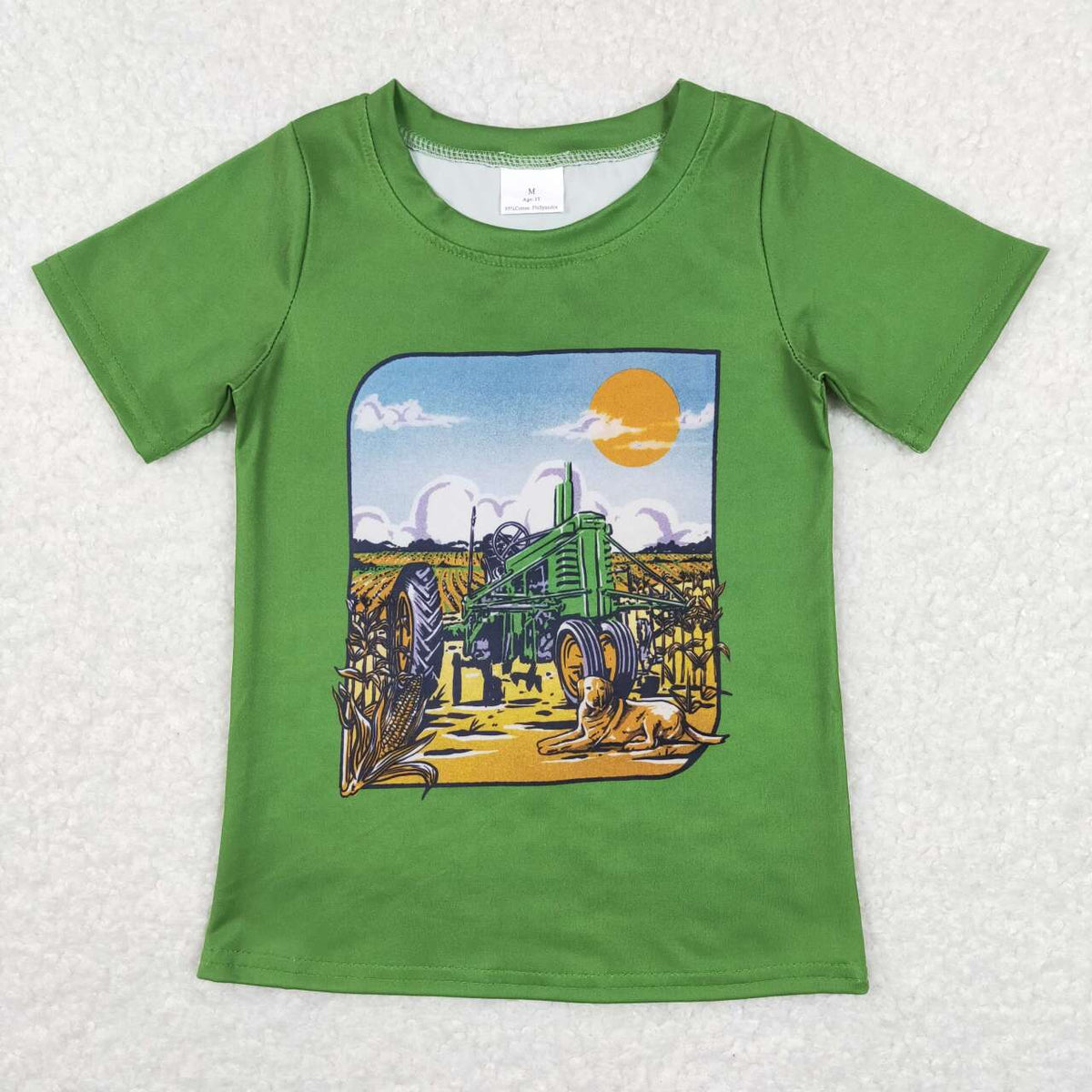 BT0503 Farm tractor dog green short sleeve kids top