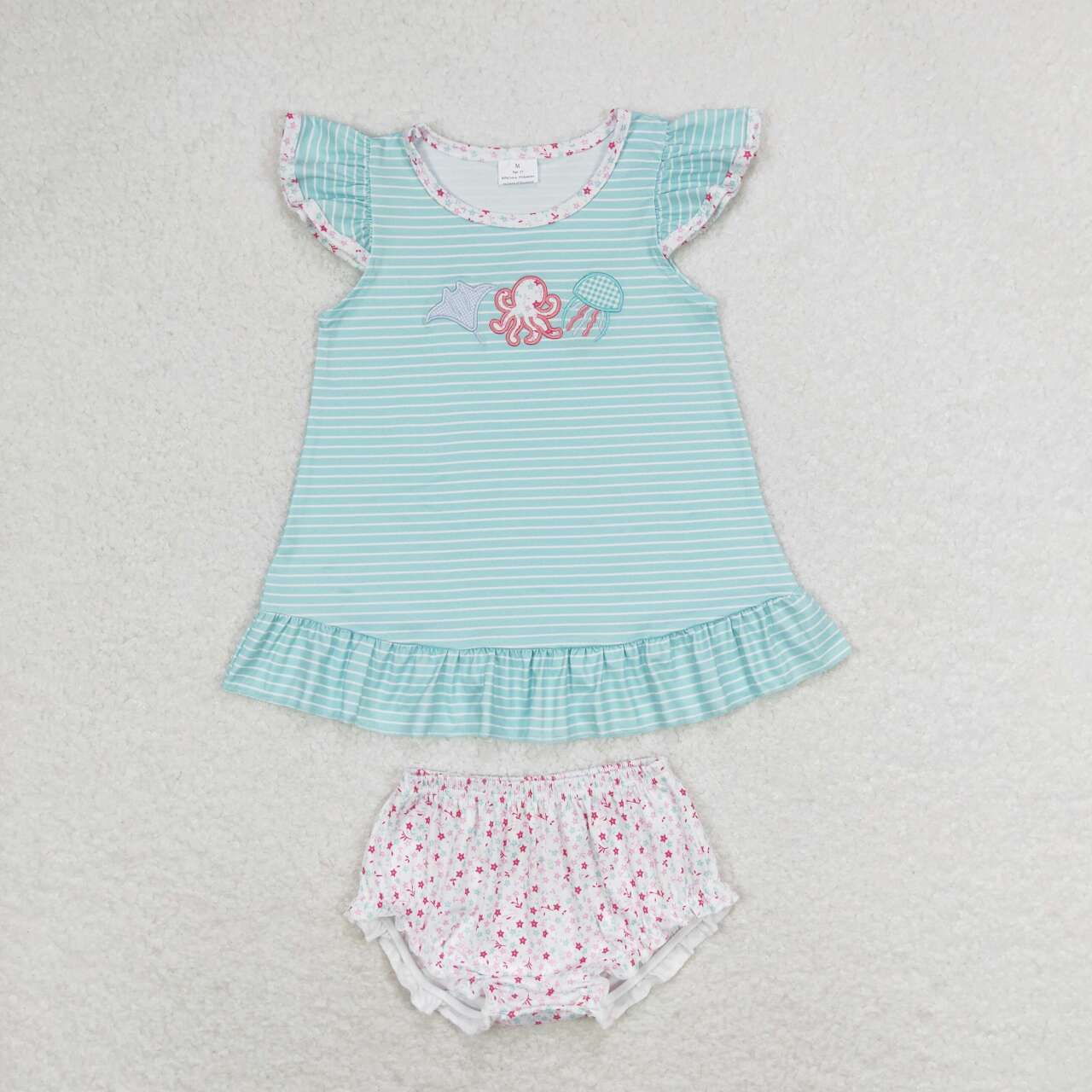 GBO0316 embroidery jellyfish octopus blue striped flutter sleeve pink girls bummies set