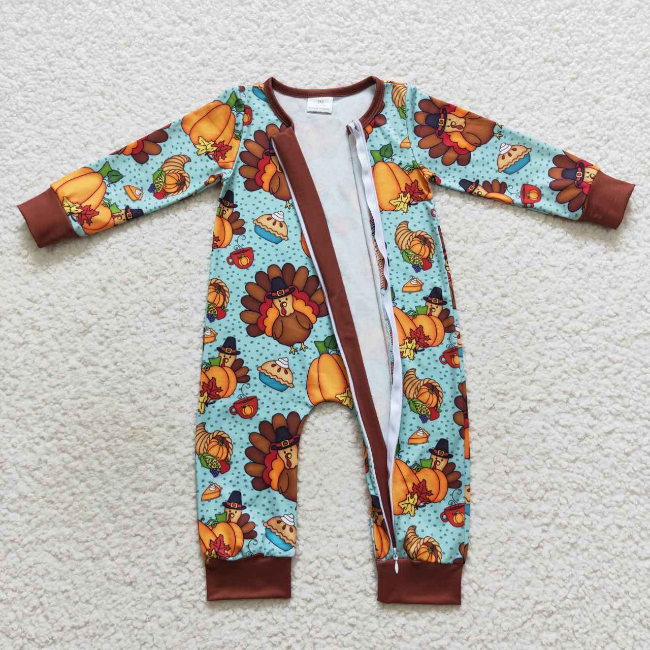 LR0581 Thanksgiving turkey long sleeve boys romper