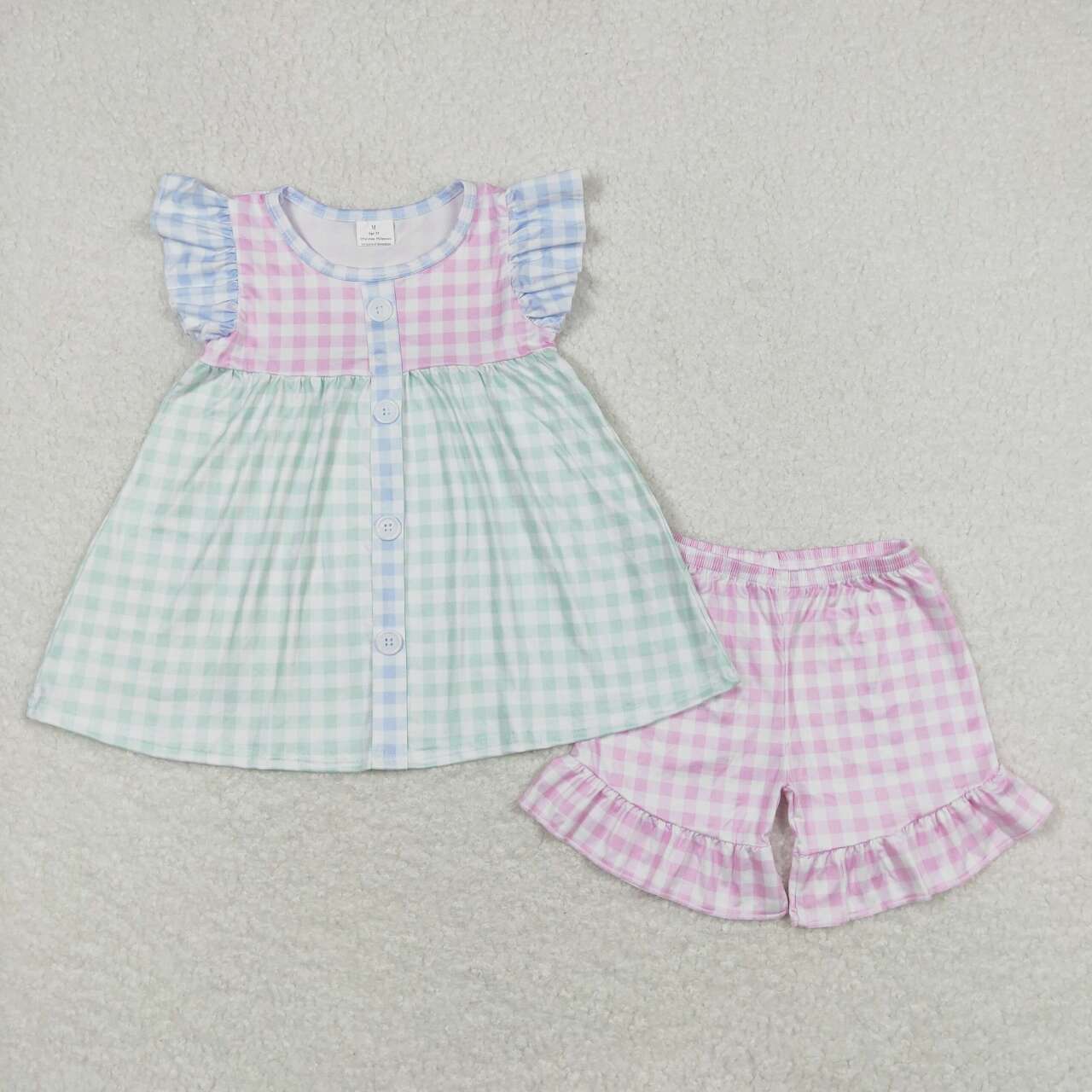 GSSO0744 Hot pink cyan checkered flutter sleeve hot pink checkered shorts girls set