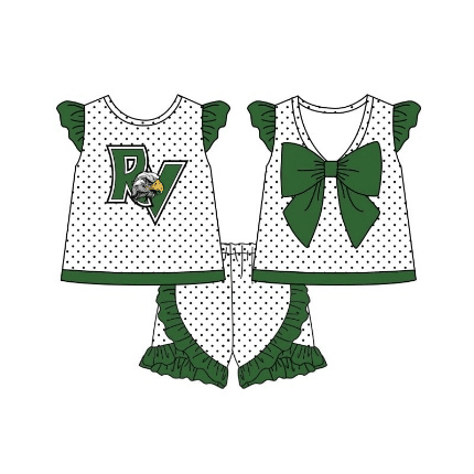 custom style RV green dot bow flutter sleeve shorts girls set