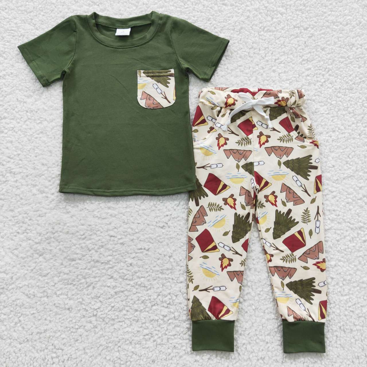 BSPO0127 Green Pocket Short Sleeves Tree Fire Mountain Pants Boys Clothes