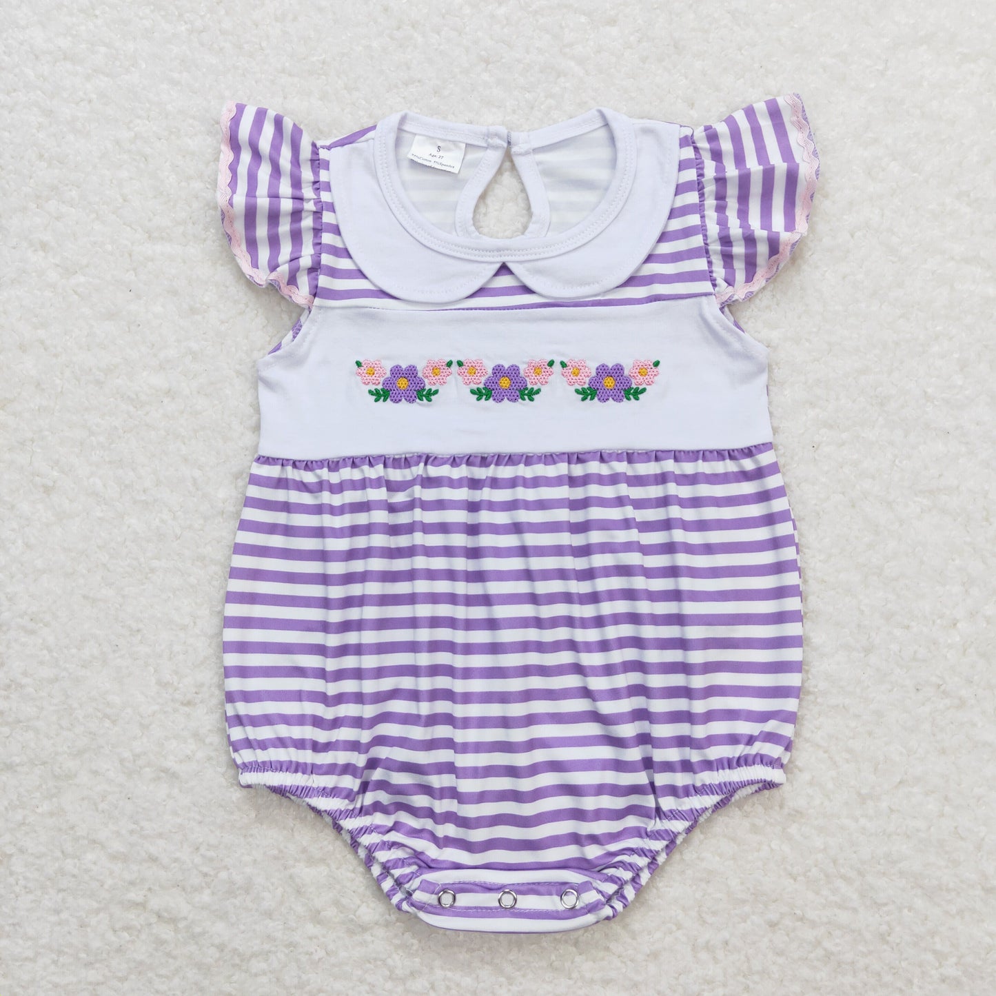 SR1051 embroidery Flowers purple striped flutter sleeve girls romper