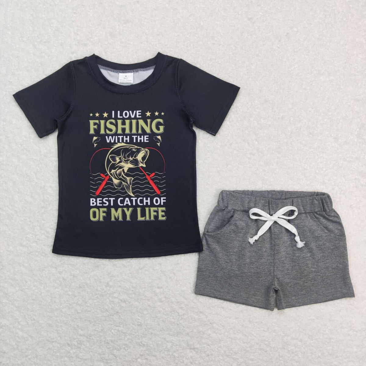BSSO0474 Baby Boy I love Fishing Short Sleeve Grey Cotton Shorts Boys Set Kids Fishing Clothes