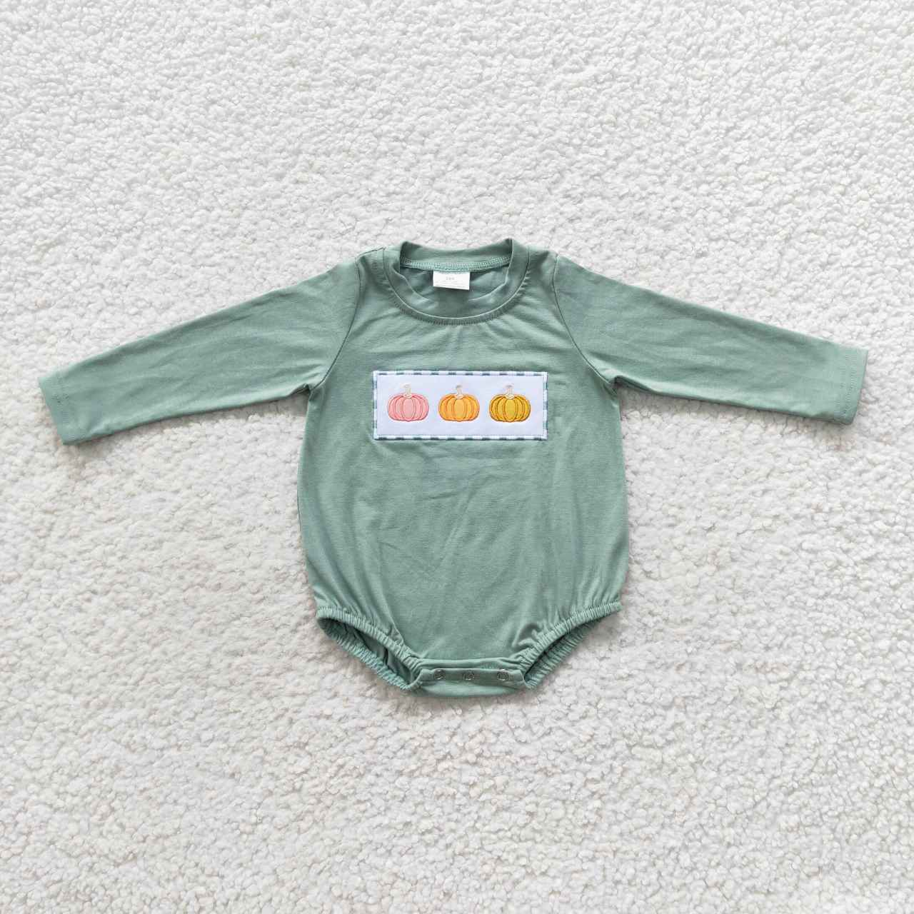 LR0451 Embroidery Pumpkin Green Long Sleeves Kids Romper