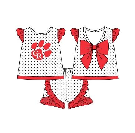 custom style CR red dot bow flutter sleeve shorts girls set