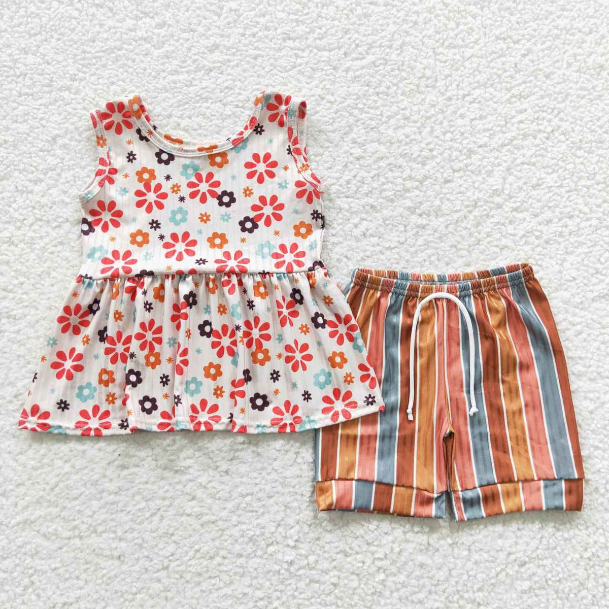 GSSO0339 Colorful Flowers Sleeveless Colorful Striped Shorts Girls Summer Set
