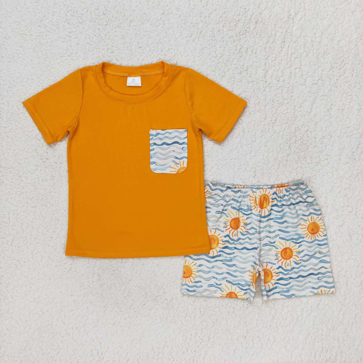 BSSO0897 orange pocket short sleeve sun shorts boys set