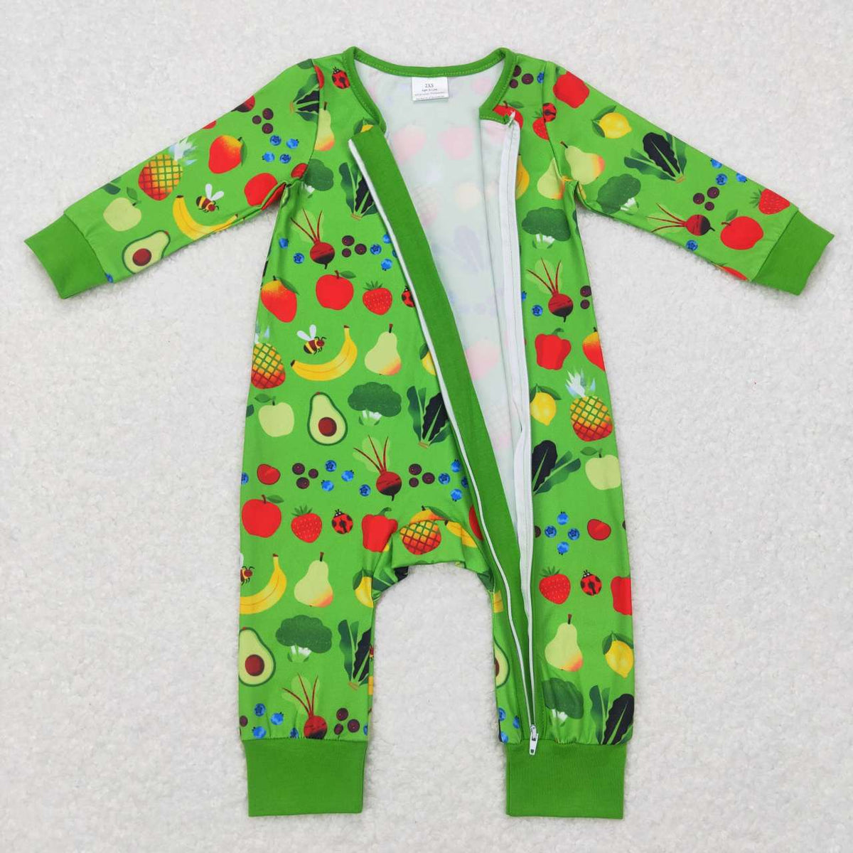LR07381 Fruits banana apple pear green long sleeve zipper kids romper baby clothes