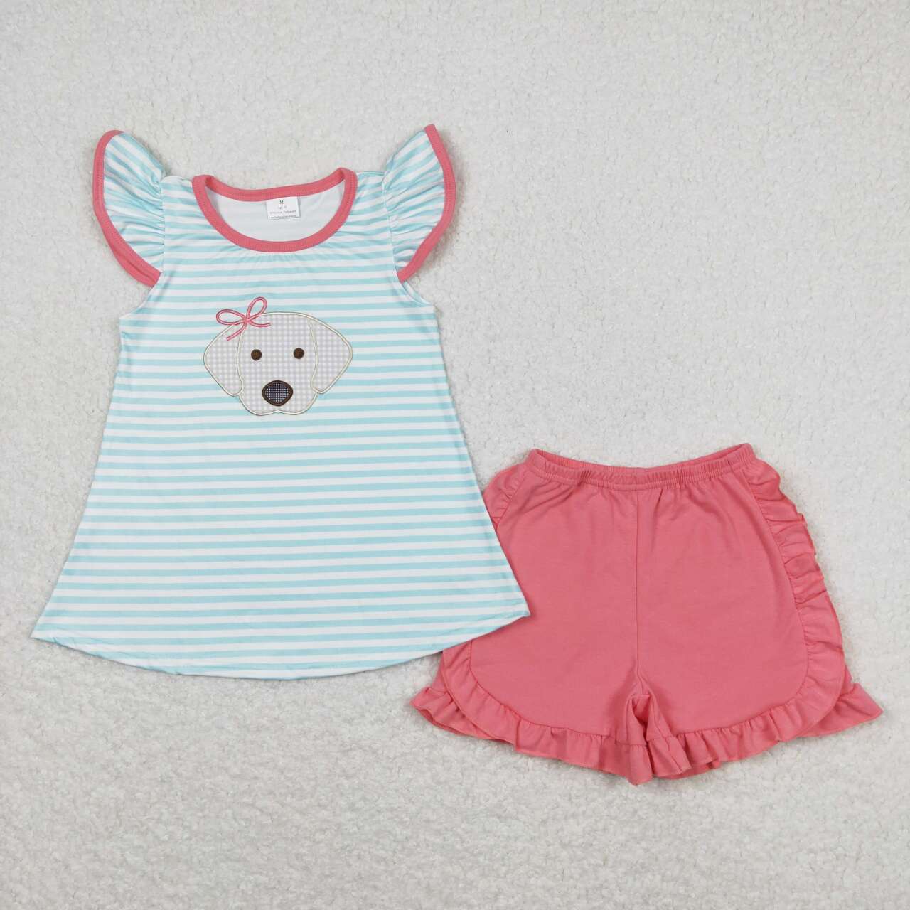 GSSO0555 Embroidery Dog Blue Striped Flutter Sleeve Pink Shorts Girls Set