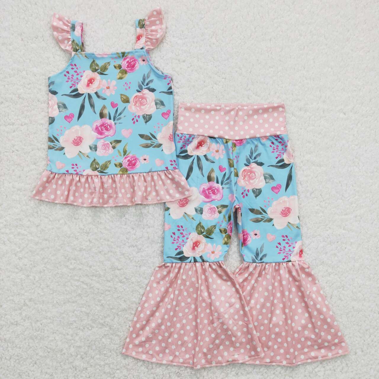 GSPO1163 Colorful Ruffles Sleeveless Pink Dot Pants Girls Set