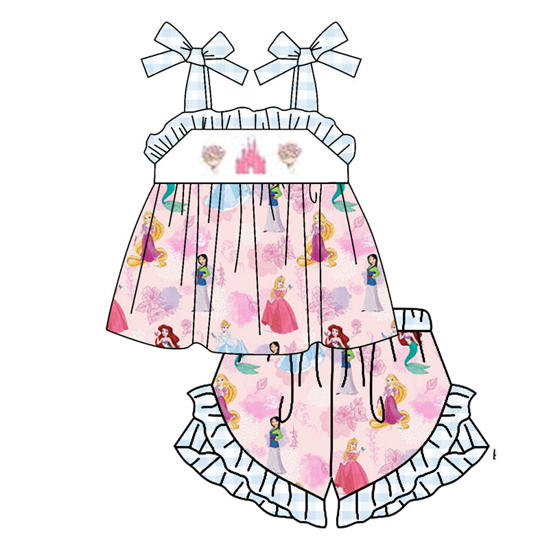 custom S cartoon princess pink lace-up shorts girls set
