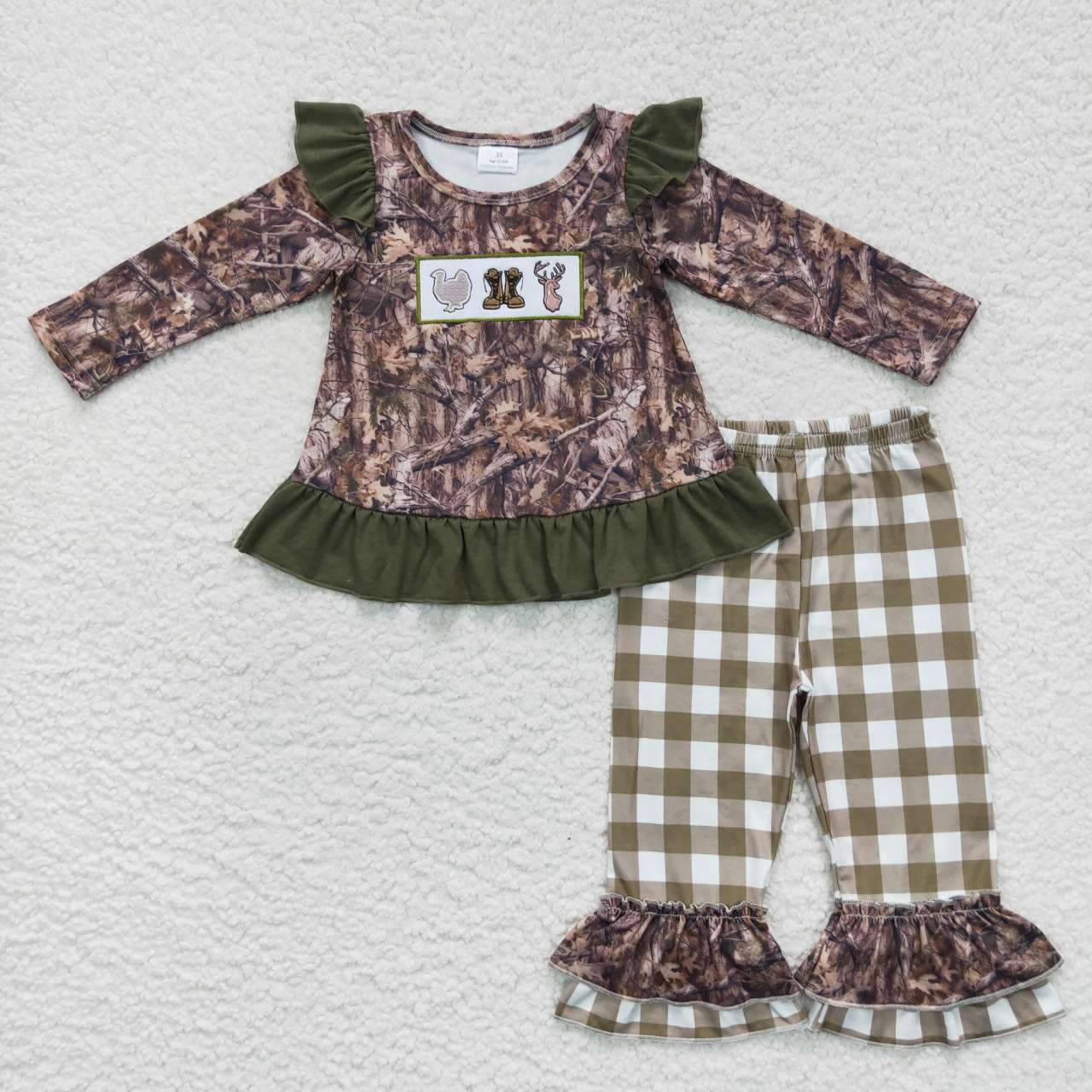 GLP0644 Hunt turkey boot deer camo long sleeve pants girls set kids clothes