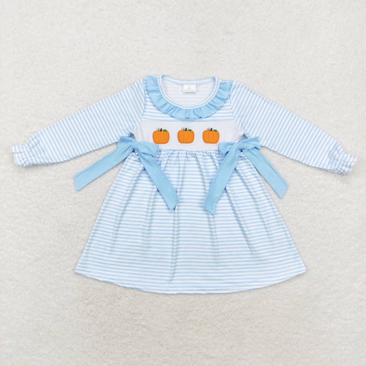 GLD0614 embroidery Autumn pumpkin blue striped long sleeve girls dress
