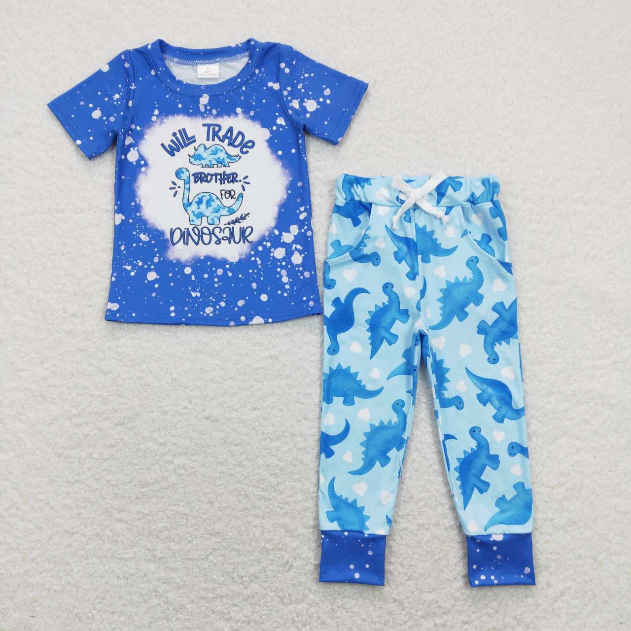 BSPO0277 Will Trade Brother For Dinosaur Blue Short Sleeve Pockets Pants Boys Set