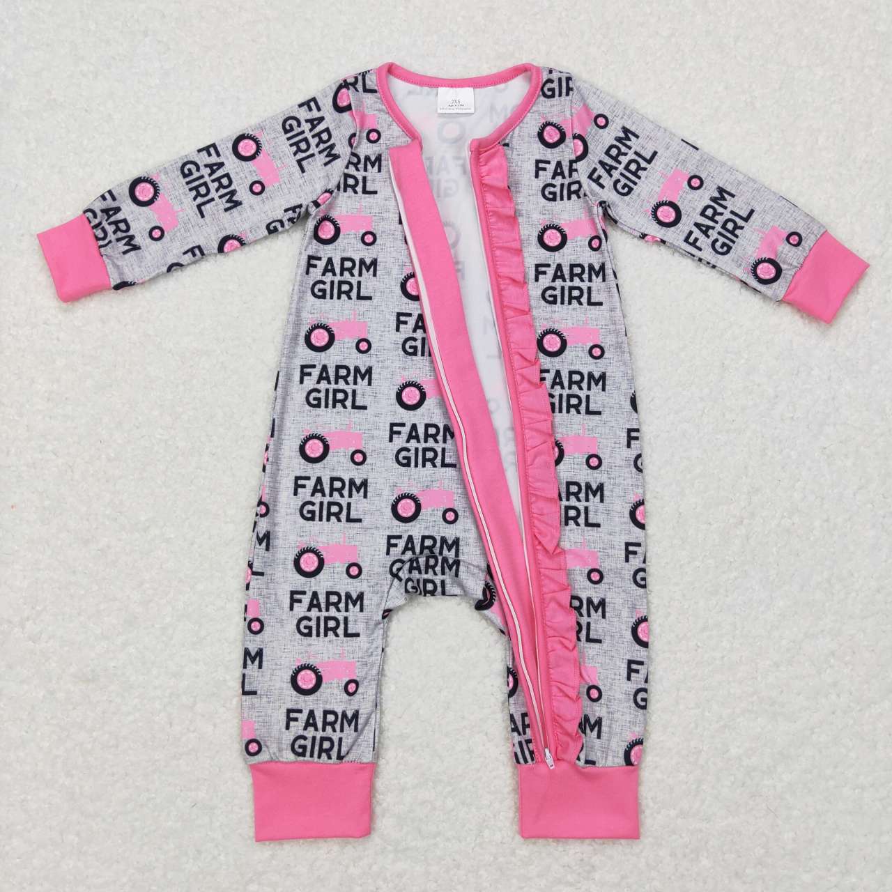 LR0687 Farm girl tractor pink long sleeve boys romper