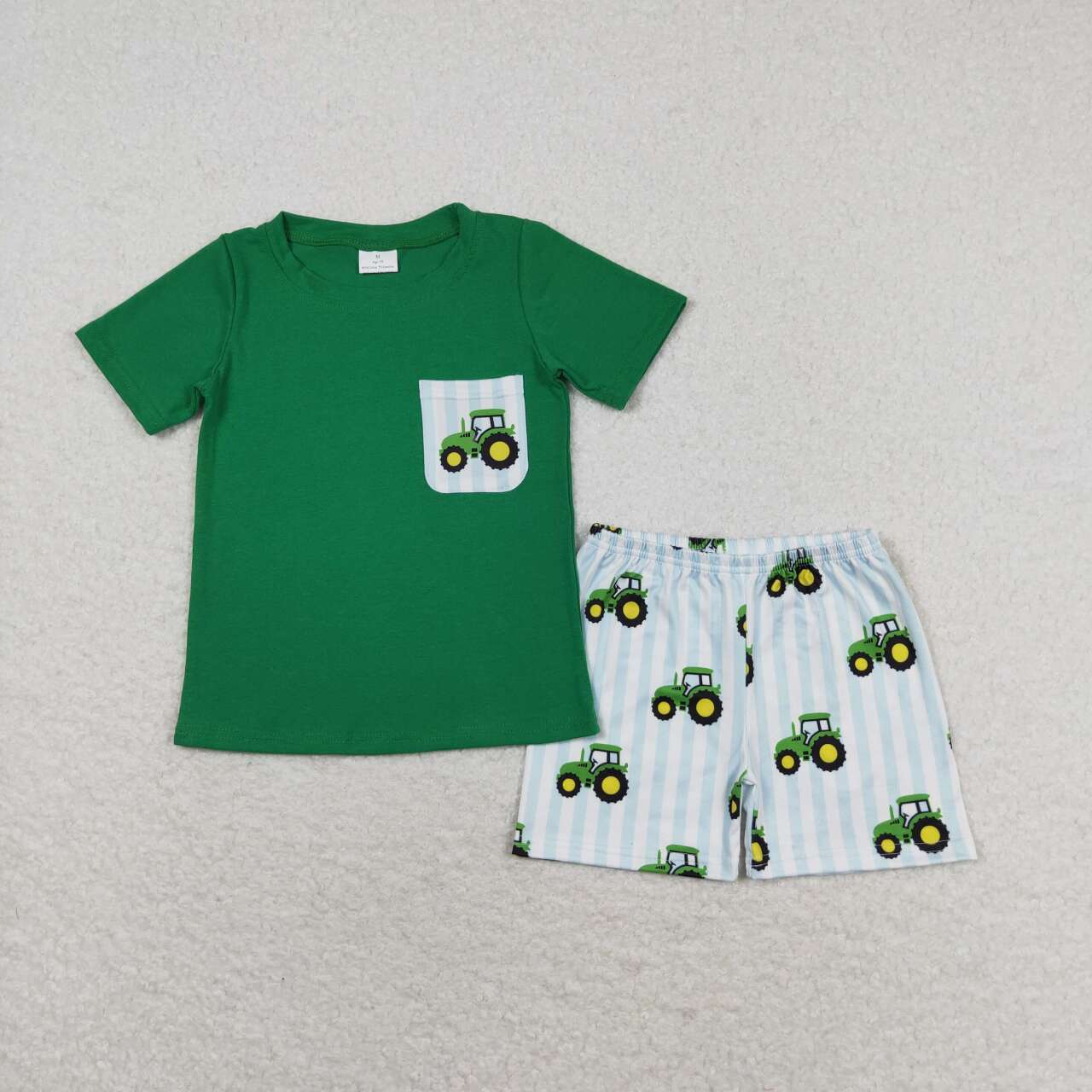 BSSO0903 farm tractor green pocket short sleeve blue striped shorts boys set