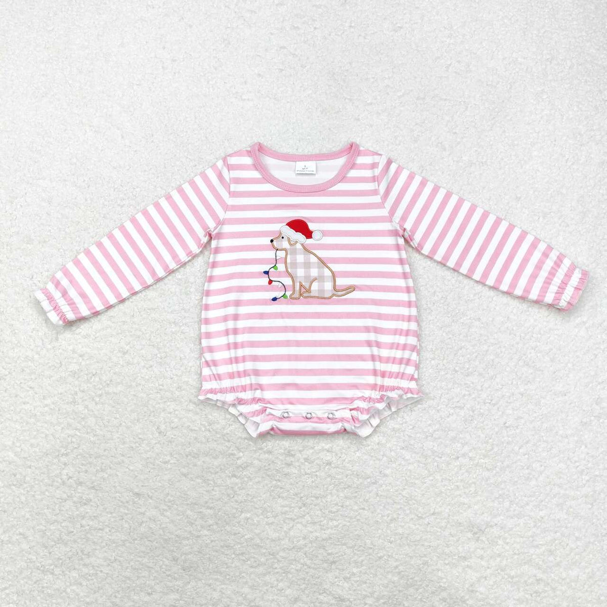 LR1306 embroidery Christmas dog light pink striped long sleeve girls romper