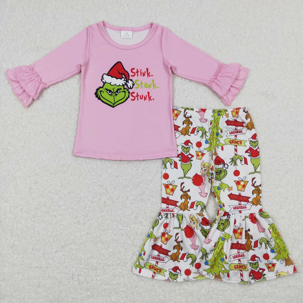 GLP0907 Christmas green face cartoon girl pink long sleeve pants girls set