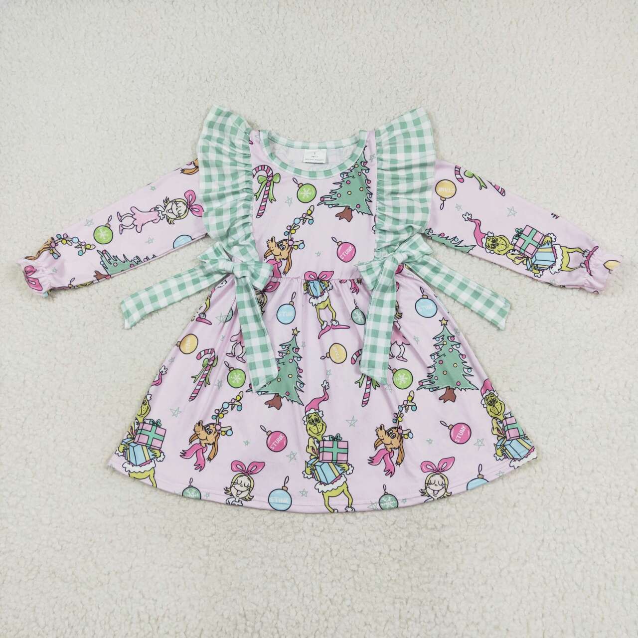 GLD0519 Christmas green face cartoon green checkered ruffles girls pink long sleeve dress