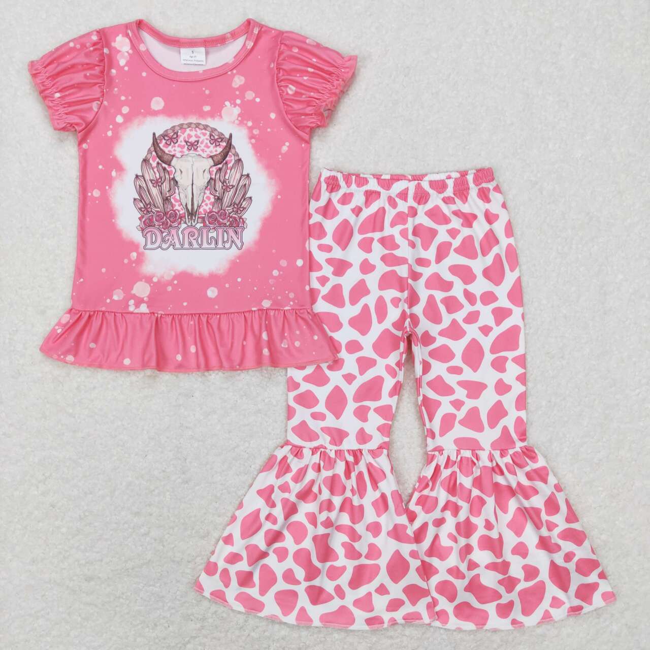 GSPO1052 Western darlin cow cactus short sleeve pink cow print pants girls set